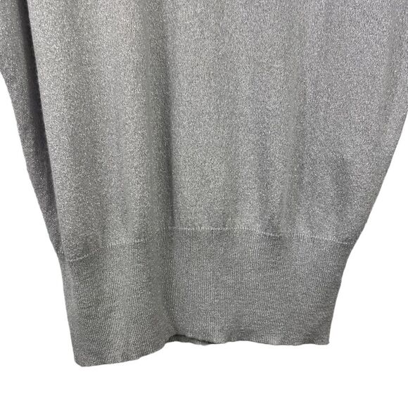 Ellen Tracy Silver Metallic Knit Top Large Short Sleeves V Neck - Picture 3 of 8